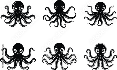 Collection of six adorable black octopus cartoon illustrations.