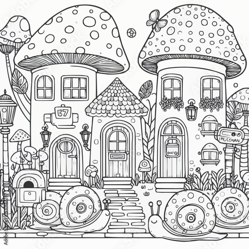 Charming outline illustration of whimsical mushroom houses in a delightful village with cute snails and nature elements