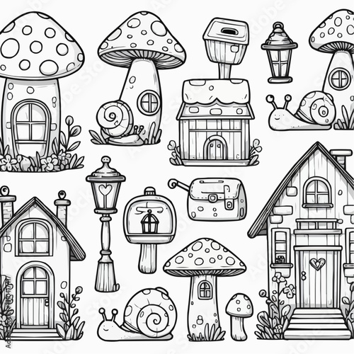 Whimsical illustration of various charming houses and unique structures in a playful, fairy-tale style

