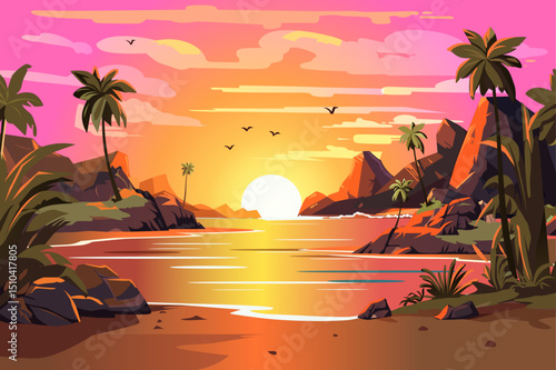 A vibrant tropical sunset scene with palm trees silhouetted against a colorful sky. The sun sets over water, reflecting hues of pink and orange.