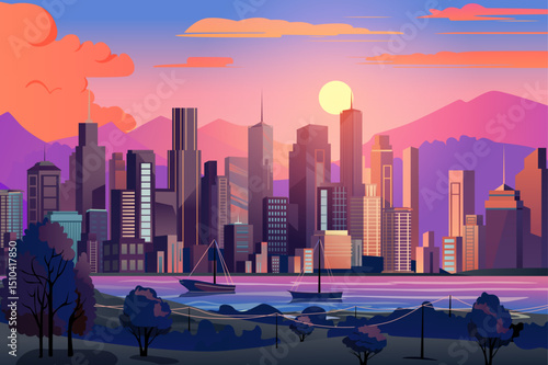 A vibrant city skyline featuring skyscrapers against a colorful sunset with mountains in the background and a boat on the water.