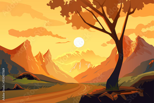 A serene sunset landscape featuring mountains and a tree, showcasing vibrant orange skies and a peaceful atmosphere.