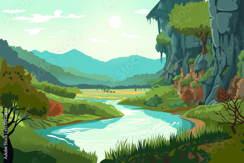 A serene landscape featuring a river, lush greenery, rocky hills, and distant mountains under a bright sky. It evokes a calming and peaceful atmosphere.