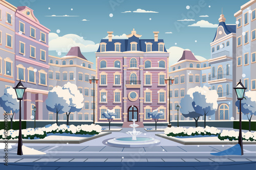 A serene winter scene featuring a beautiful building in a European style, surrounded by snow-covered trees and a fountain. Snowflakes gently fall in the background.