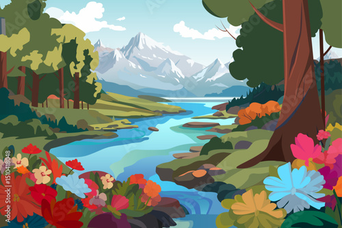 A vibrant illustration of a serene mountain landscape with a river flowing through colorful flowers and trees, showcasing natural beauty in a cartoon style.