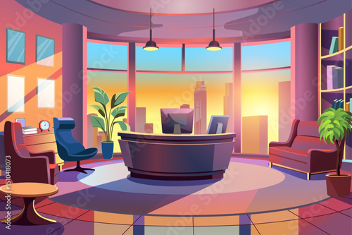 A cozy modern office interior featuring a large window with a city view during sunset. Plants add a touch of nature to the workspace.