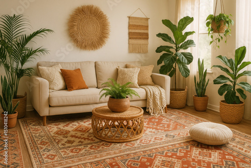 Cute dog playing with a ball on a rug in a cozy living room with a couch and potted plants.