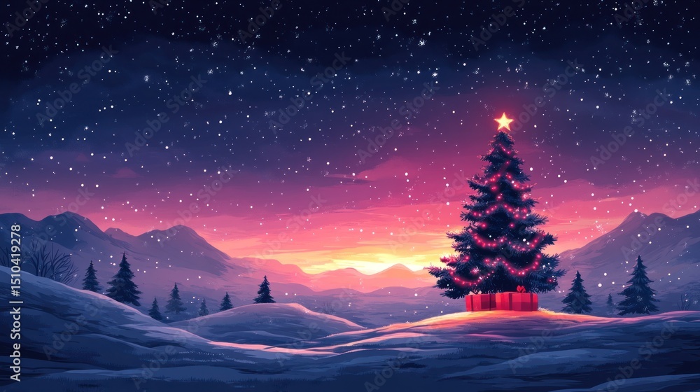 Fototapeta premium Snowy Christmas tree at sunset in mountains