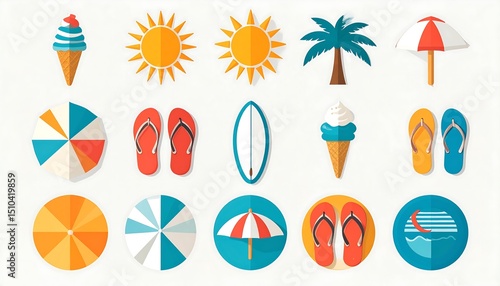 Summer Icons Flat Vector Graphics of Sun, Ice Cream, Flip-Flops, Surfboard, and Beach Umbrella Illustrations