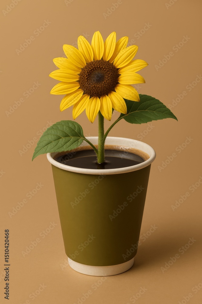 Obraz premium Sunflower growing from coffee cup