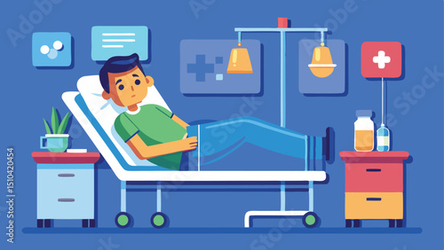 Cartoon Man Patient in Hospital Bed with Medical Equipment and Bedside Table