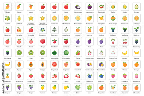 Colorful Fruit Icon Set with Tropical and Citrus Varieties.