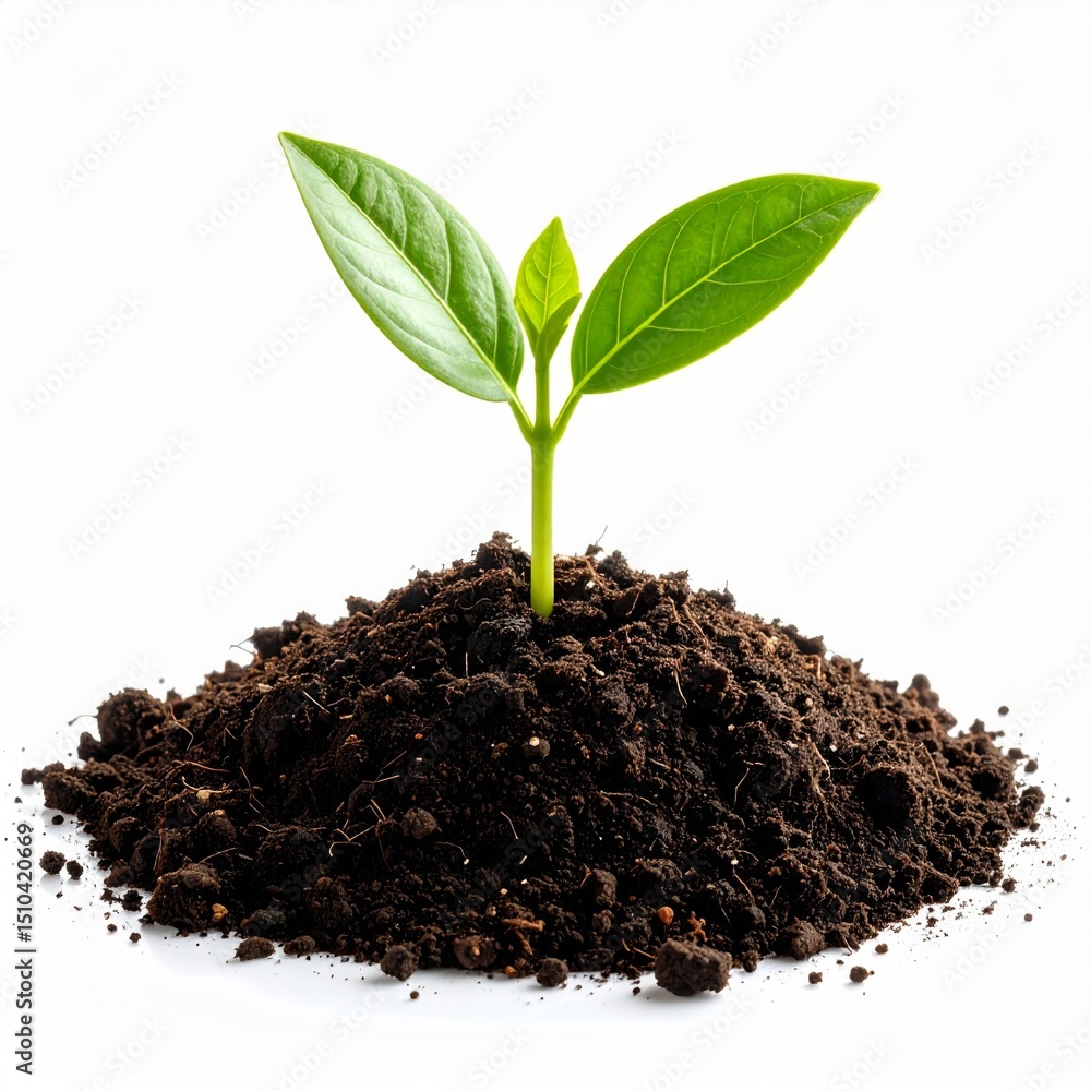 Green Seedling Emerging from Dark Soil on White Background Green Seedling Emerging from Dark Soil on White Background