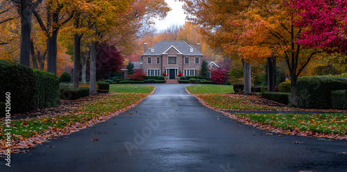 Freshly paved asphalt driveway curving through scenic residential area with vibrant autumn trees
