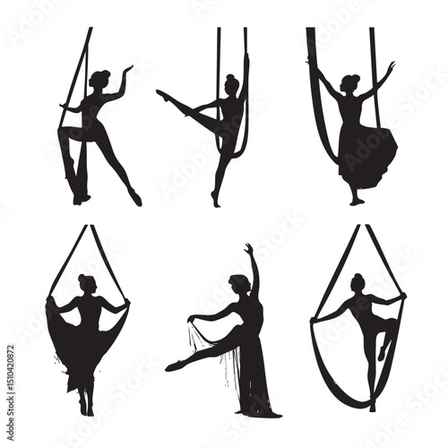  aerial silks silhouette set, Black silhouette