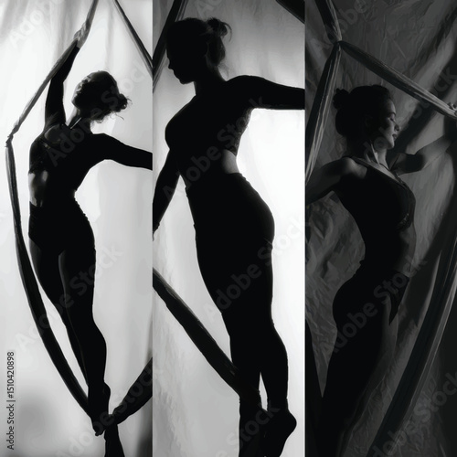  aerial silks silhouette set, Black silhouette
