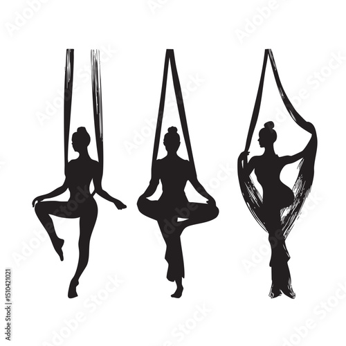  aerial silks silhouette set, Black silhouette