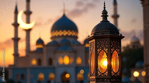 Ramadan lantern glows against a mosque and crescent at sunset