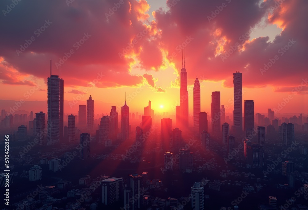 Fototapeta premium dramatic urban skyline silhouette sunset colors sky beautiful city view, clouds, eve, dusk, architecture, panorama, buildings, horizon, light, reflection