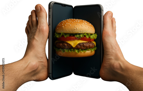 Feet flanking a cheeseburger displayed on phones, transparent background png