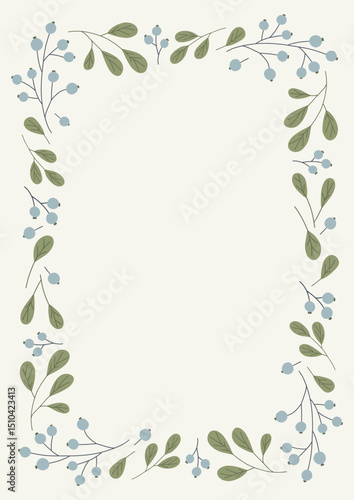 Elegant frame with berries. Perfect for wedding invitations, postcards, decor, girl celebrations and more. A4 sheet proportion.