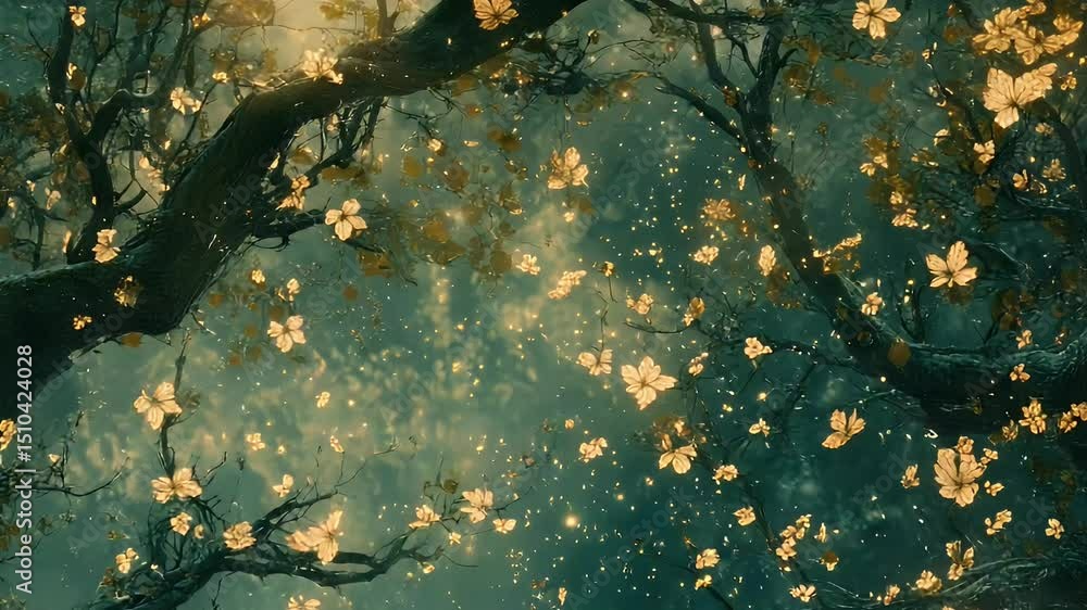 A dreamy landscape with a dark canopy and golden leaves fluttering through the air. A dreamy landscape with a dark canopy and golden leaves fluttering through the air.