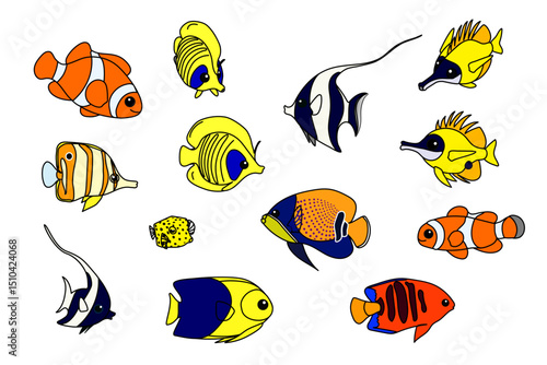 vector coral fish animal. Сlip art isolated on transparent background. Hand drown design element. 