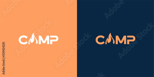 Camp vector sign. Camping logo design with tent and fire