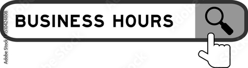 Search banner in word business hours with hand over magnifier icon on white background