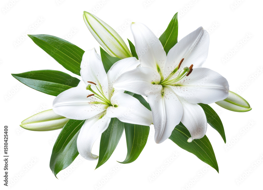 Fototapeta premium PNG White lily flowers with green leaves lilies floral white.