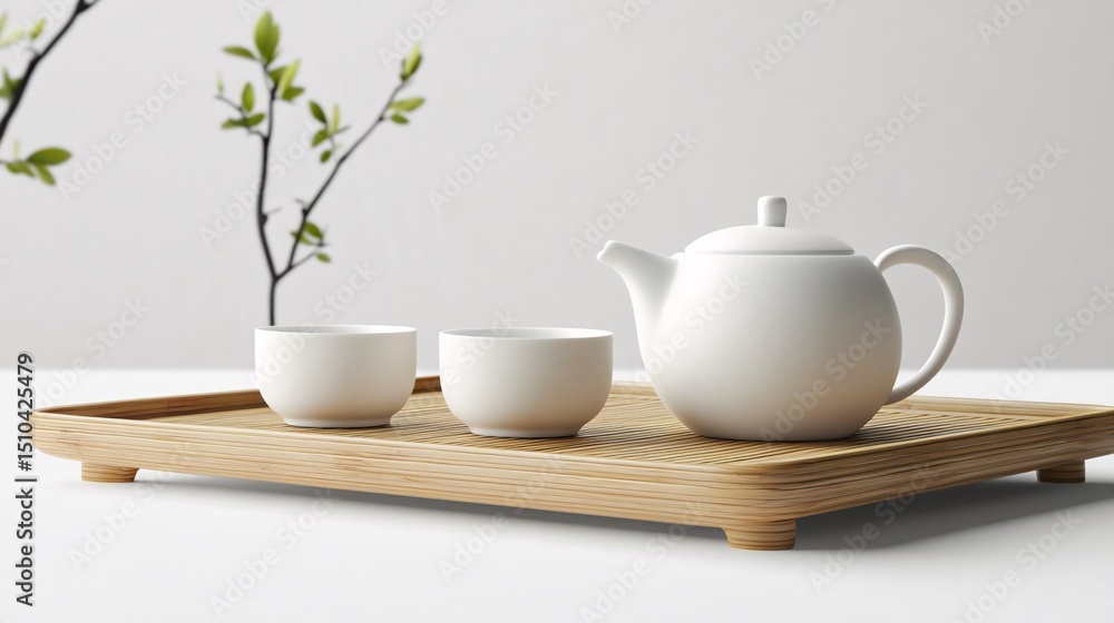 Fototapeta premium minimal white tea cup resting on a wooden tray, showcasing a peaceful morning moment with warm tones and cozy lifestyle aesthetics