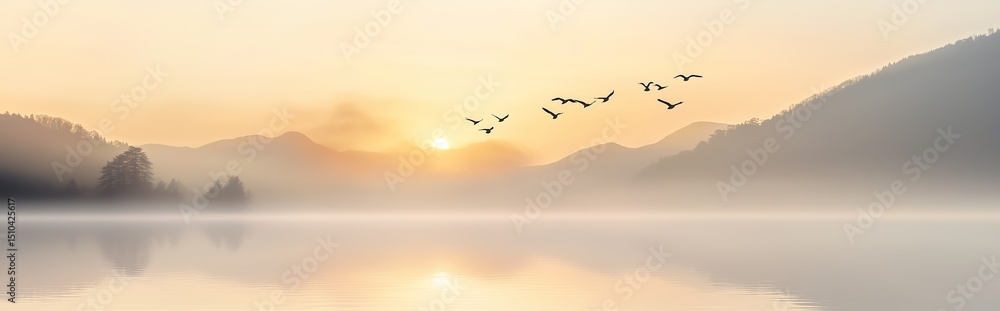 Fototapeta premium Flock of birds flying over serene landscape with ominous clouds in background, symbolizing global health threat and virus spread concept, chaos and nature.