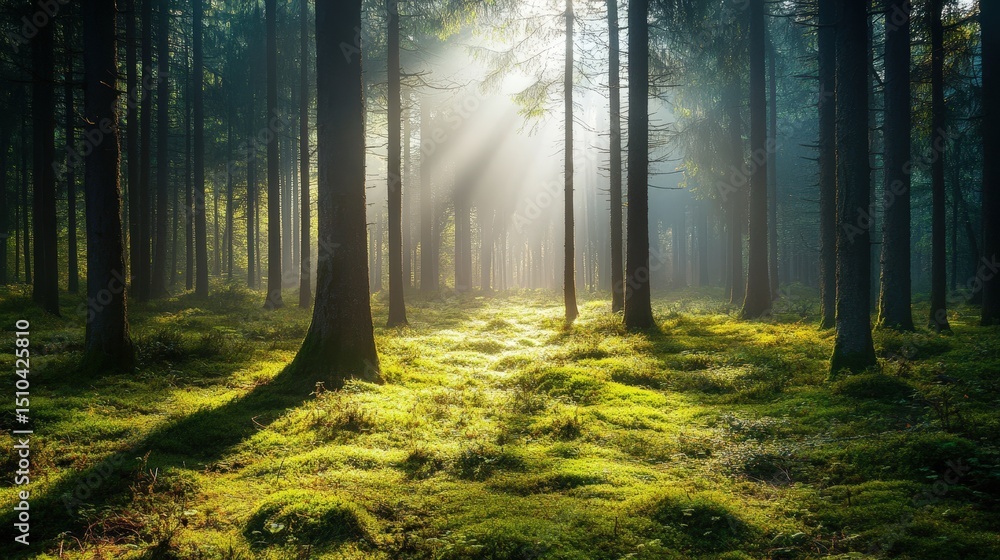 Fototapeta premium Sunlit path through a dense, misty forest.
