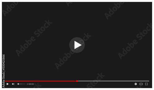 Video player vector interface with a central play button, red progress bar, and media controls on dark background. Great for UI mockups and digital content previews