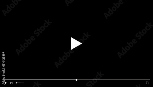 Simple vector UI of a video player with bold white play button and minimal controls on black screen. Ideal for media platforms, streaming interfaces, and UX/UI projects. Vector EPS 10