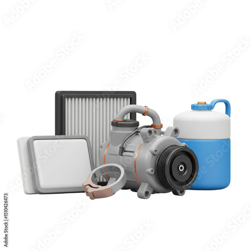 3D Illustration Automotive Parts Still Life Gray Pump and Fluids