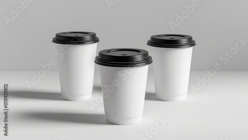 Minimalist Coffee Cup Mockup with Black Lids and Logo on White Background – Modern Disposable Paper Cup Branding Template for Cafe or Eco Coffee Packaging Design
