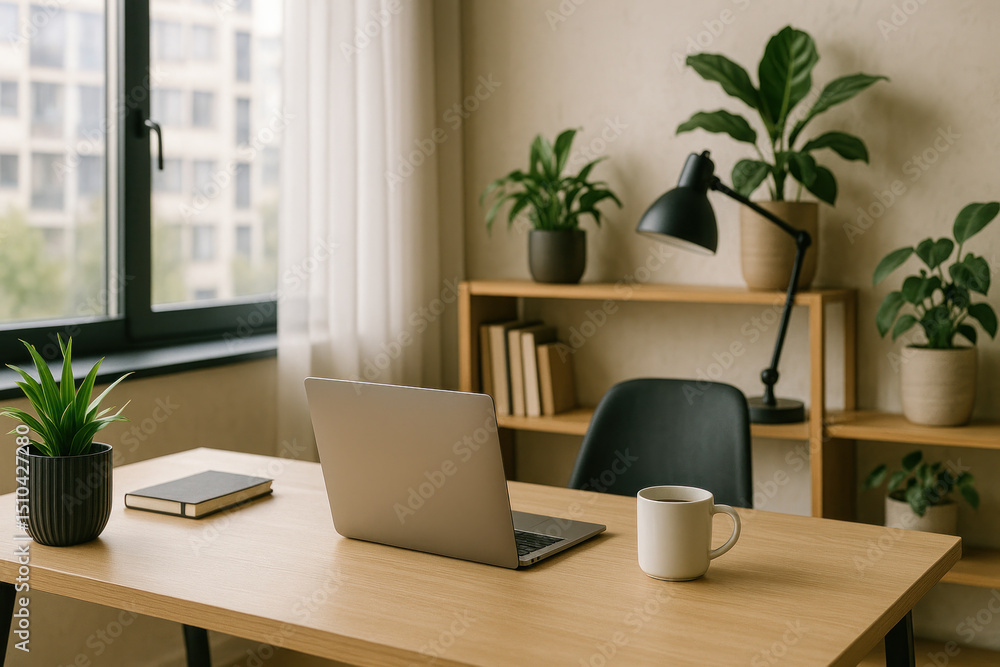 Fototapeta premium Laptop on desk beside plant.