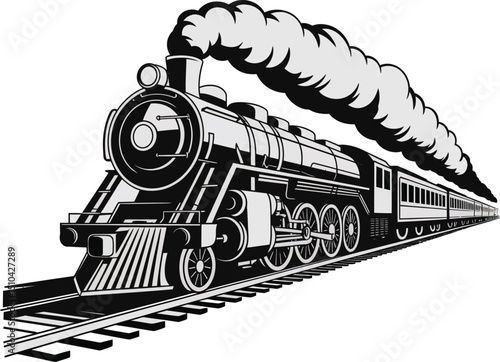 Vintage Steam Train Vector Illustration: Classic Locomotive on Rails with Billowing Smoke.
