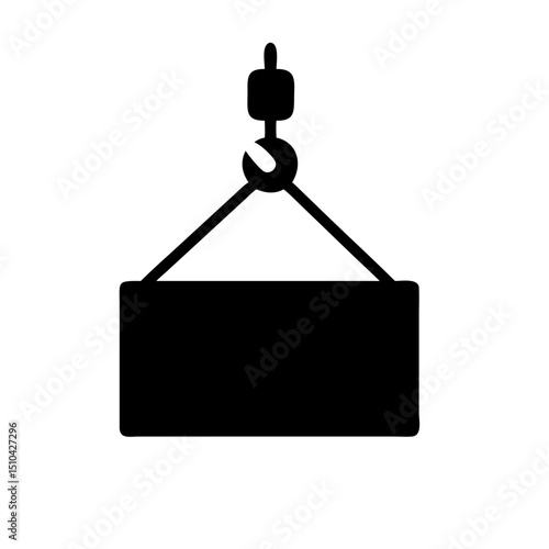 Black vector silhouette illustration of a rectangular object suspended by cables from a crane hook, isolated on a white background. This represents lifting, construction, or cargo handling.


