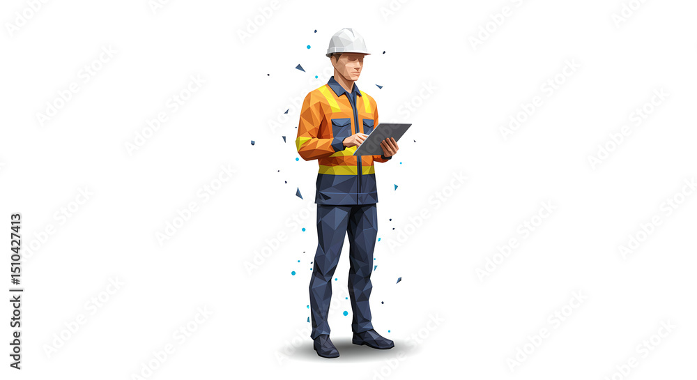 Man engineer using tablet. Low polygon construction worker in hard hat. Digital safety inspection and industrial management concept. Man engineer using tablet. Low polygon construction worker in hard hat. Digital safety inspection and industrial management concept.