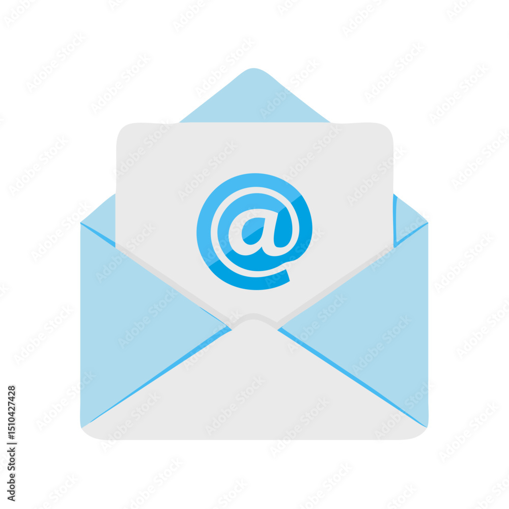 Vector illustration of a light blue open envelope with a light gray card slightly protruding, displaying a prominent blue Vector illustration of a light blue open envelope with a light gray card slightly protruding, displaying a prominent blue