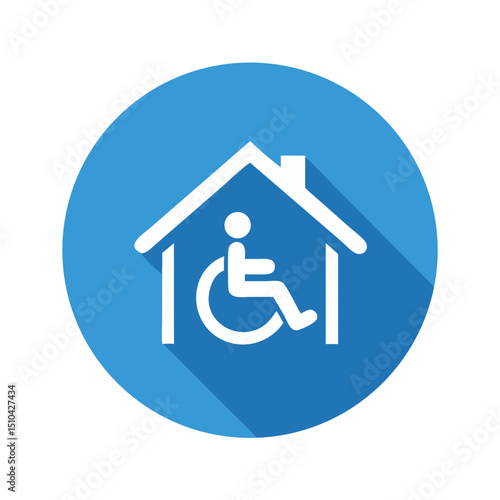 Vector Illustration of a White Silhouette of a Person in a Wheelchair Inside the Outline of a House with a Roof, Set Against a Blue Circular Background with a Long Shadow, Representing Home Healthcare