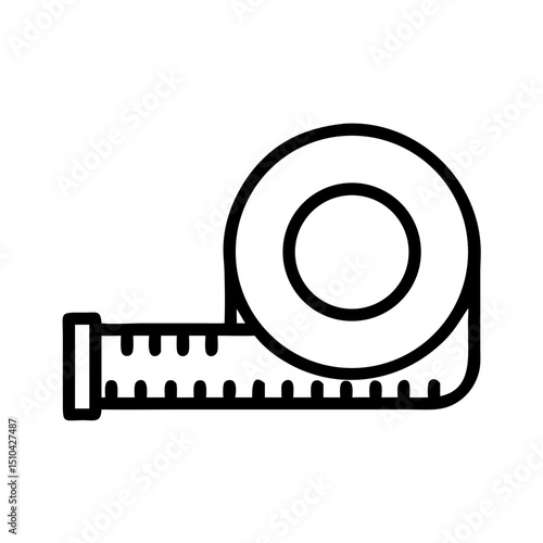 Simple Black Vector Line Illustration of a Retracted Measuring Tape, Showing Markings on the Extended Portion and the Rolled-Up Tape, Isolated on a White Background.

