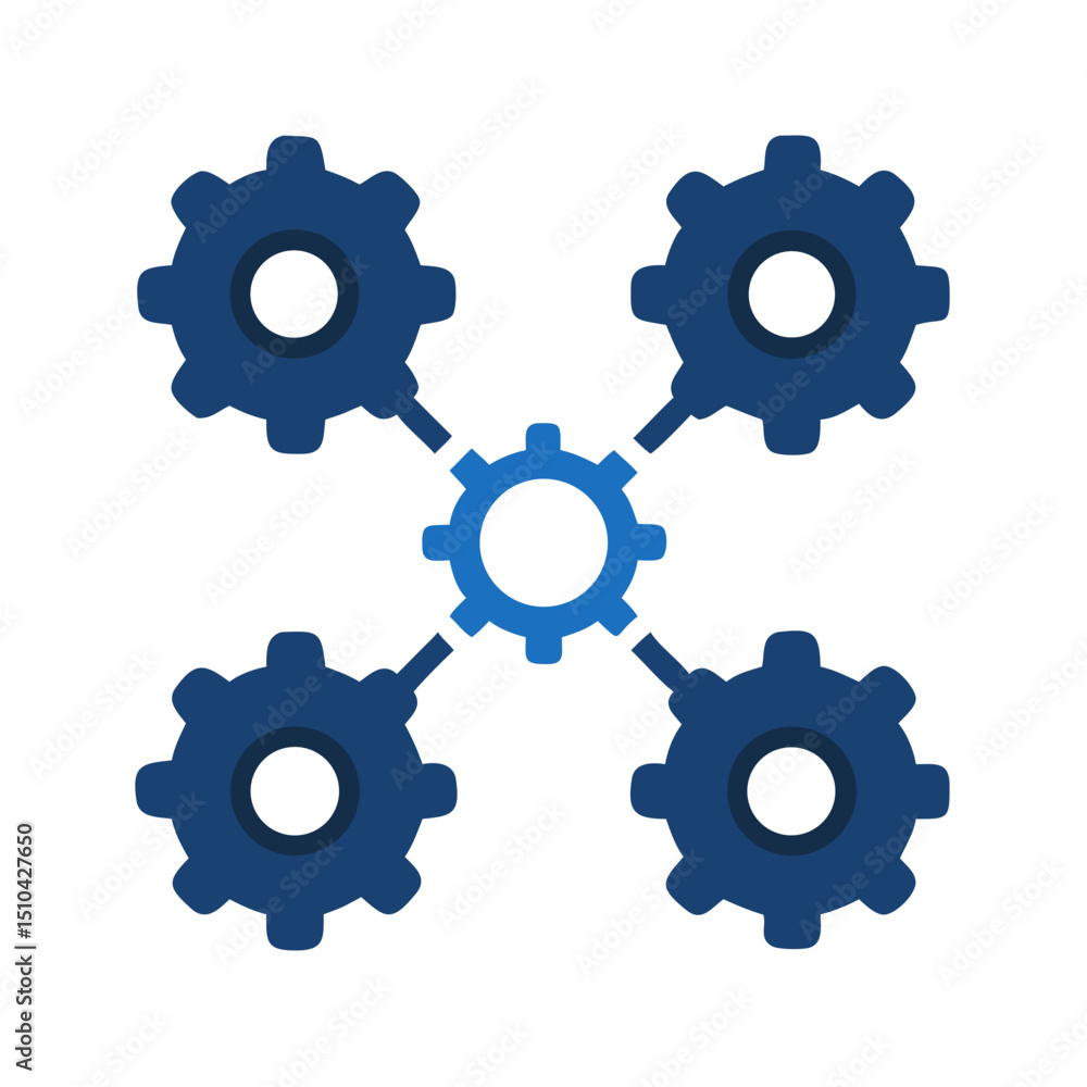 Interconnected System: Vector Illustration of a Central Bright Blue Gear Linked to Four Surrounding Dark Blue Gears, Symbolizing Network, Collaboration, or Integrated Processes.
Interconnected System: Vector Illustration of a Central Bright Blue Gear Linked to Four Surrounding Dark Blue Gears, Symbolizing Network, Collaboration, or Integrated Processes.