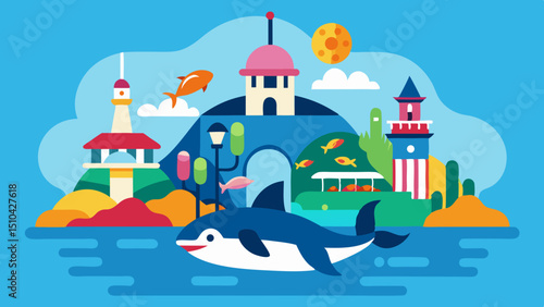 Colorful cartoon marine park with happy whale, fish, buildings, and underwater-themed attractions in a fun landscape