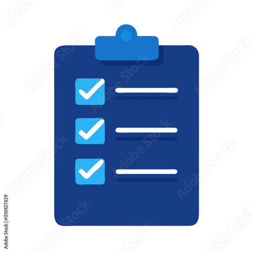 Vector Illustration of a Dark Blue Clipboard with a Light Blue Clip, Displaying Three Light Blue Checkboxes Each Containing a White Checkmark, Alongside Light Blue Horizontal Lines, Representing