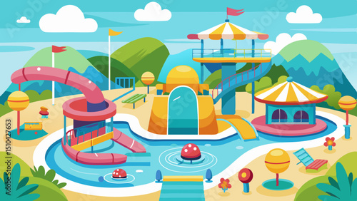 Bright and colorful water park with slides, pools, and playful structures surrounded by tropical landscape