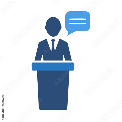 Vector Illustration of a Silhouette Figure in a Suit Standing Behind a Podium, with a Light Blue Speech Bubble Containing Horizontal Lines Appearing Above, Representing a Speech, Public Speaking