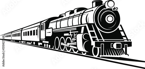 Vintage Steam Train Illustration: Black and White Locomotive on Rails, Graphic Style.